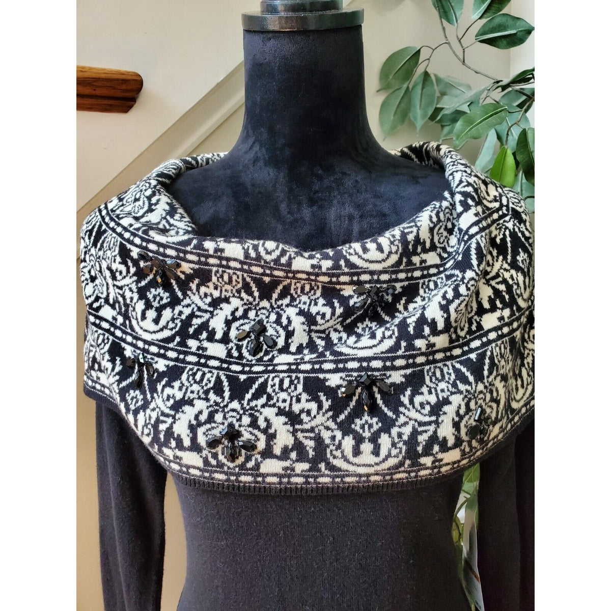 Jones New York Women Black Cotton Cowl Neck Long Sleeve Pullover Sweater Large