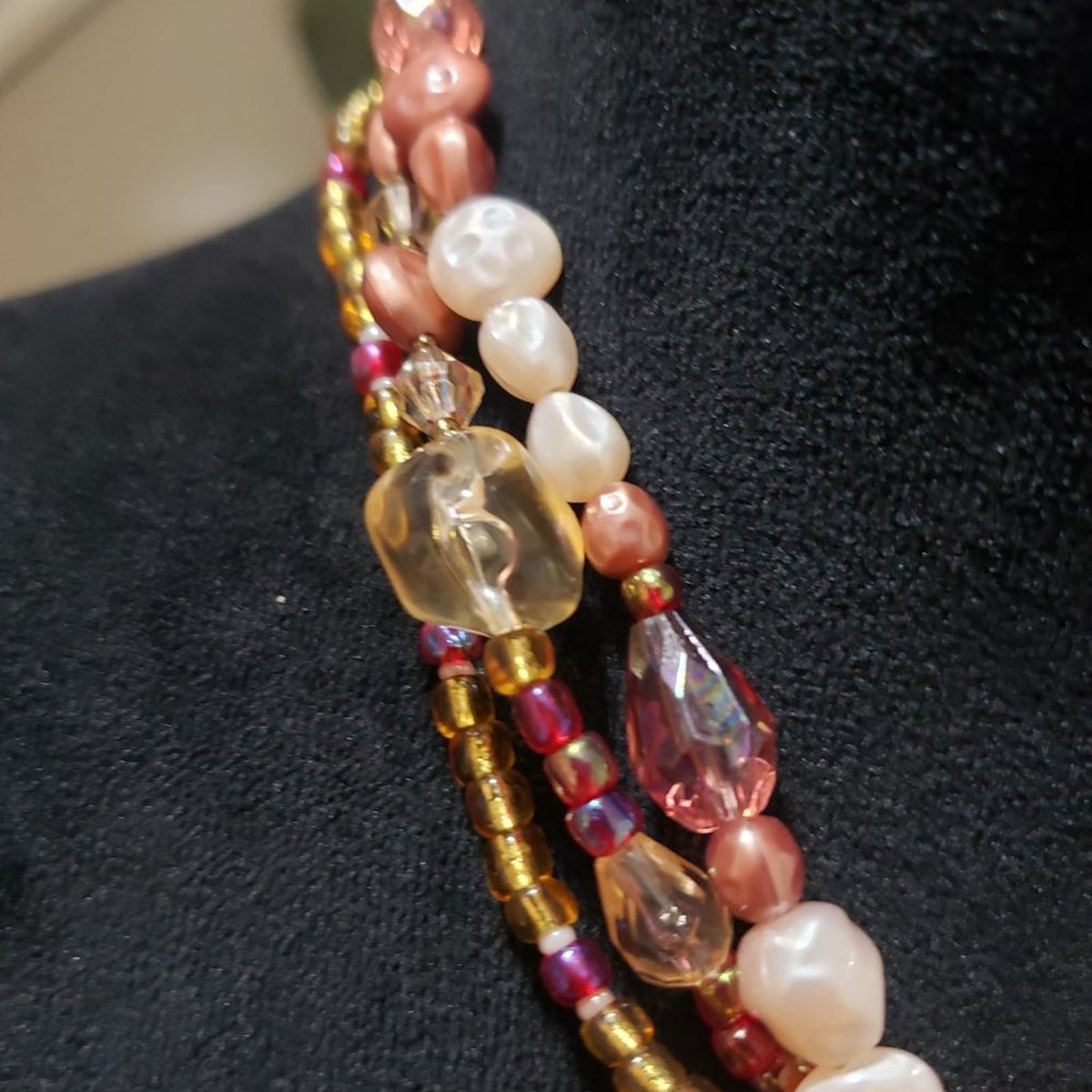 Women's Multi strand Textured Glass Bead With Crystal Stone Necklace