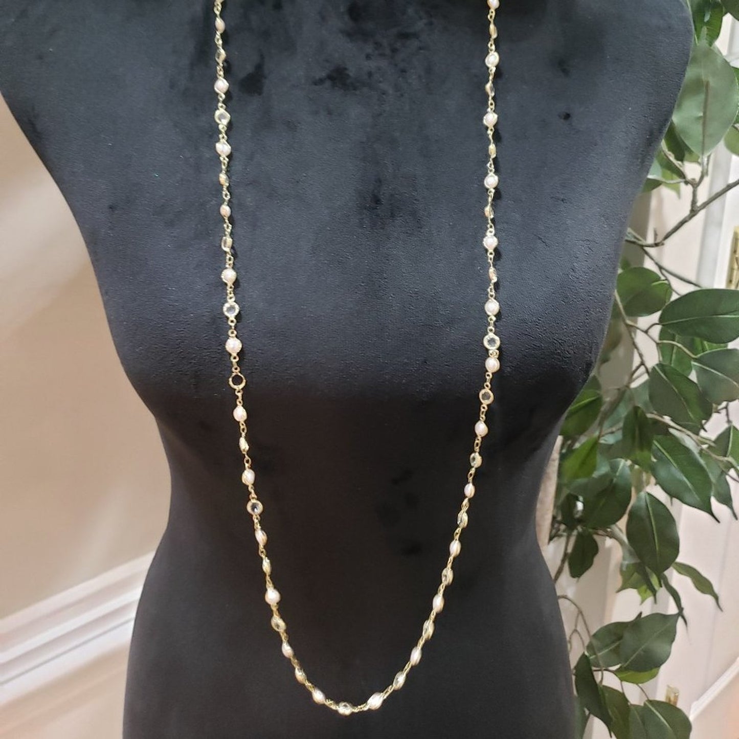 Womens Fashion Yellow Gold and Faux Pearl Beads Long Necklace w/ Lobster Clasp