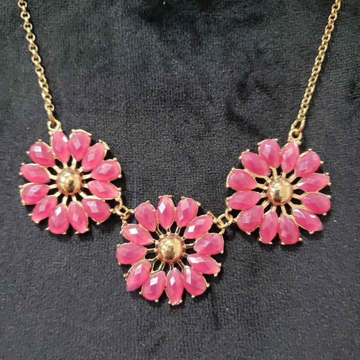 Women's Pink Beaded Sun Flower Gold Tone Statement Necklace