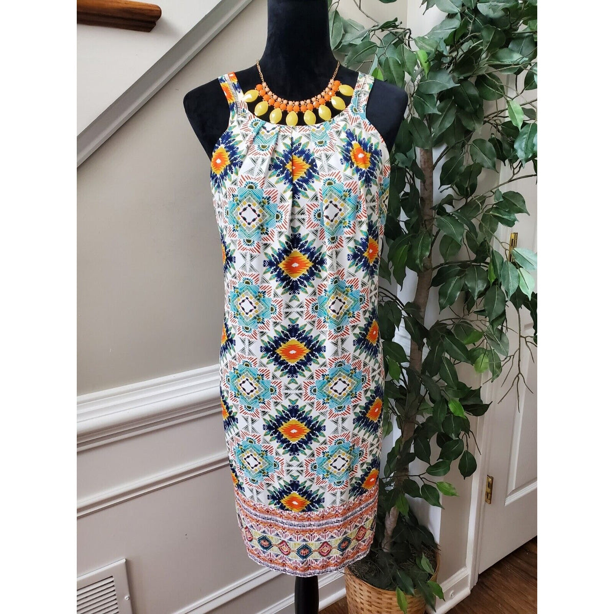 Spense Women Multicolor Polyester Round Neck Sleeveless Knee Length Dress Size L