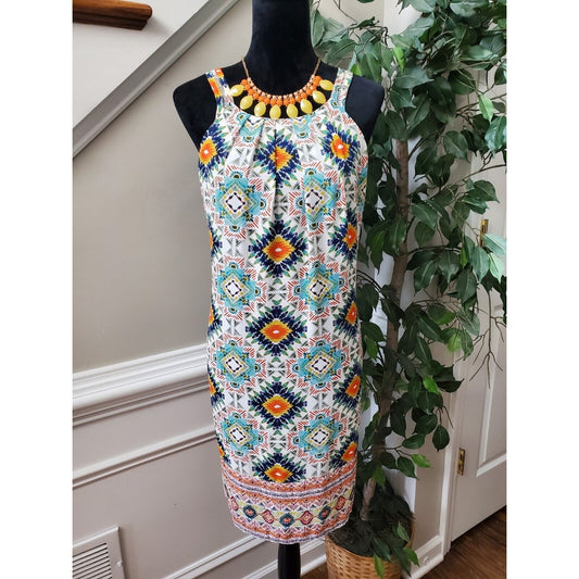 Spense Women Multicolor Polyester Round Neck Sleeveless Knee Length Dress Size L