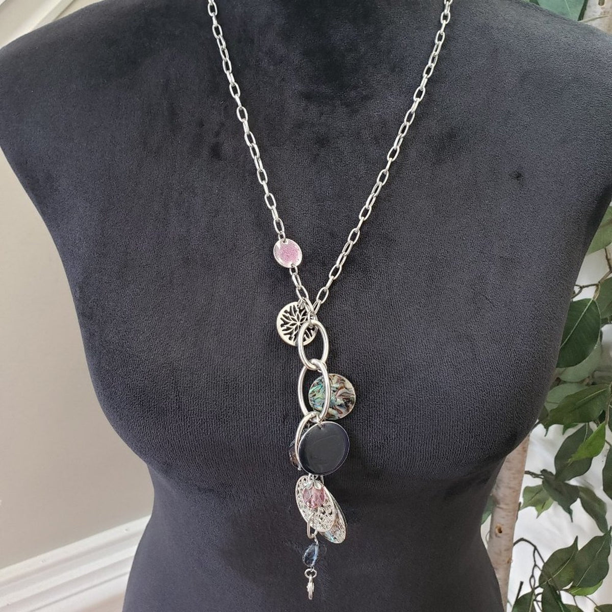 Lia Sophia Neptune Windsong Silvertone Necklace Genuine Abalone Glass Beads
