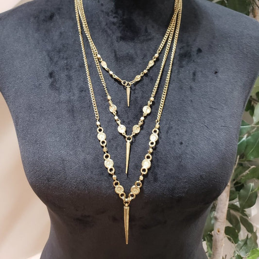 Women Gold Tone Multi-layer Chain Pendant Necklace Adorned w/ Metal Charm Tassel