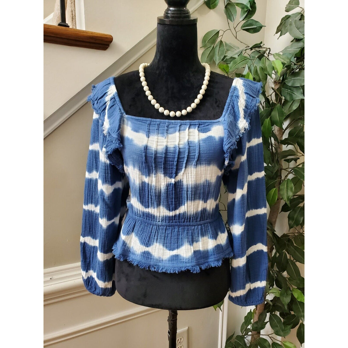 True Craft Women Blue & White Cotton Square Neck Long Sleeve Top Blouse Size XS