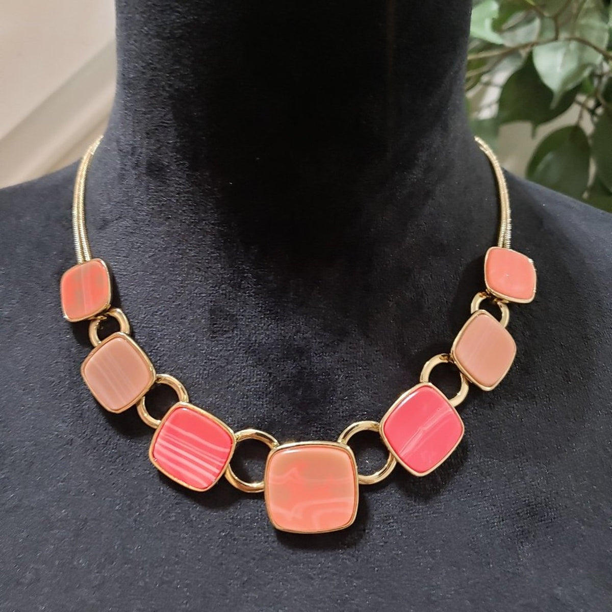 Nine West Women's Vintage Gold and Pink  Necklace with Rectangular Stones