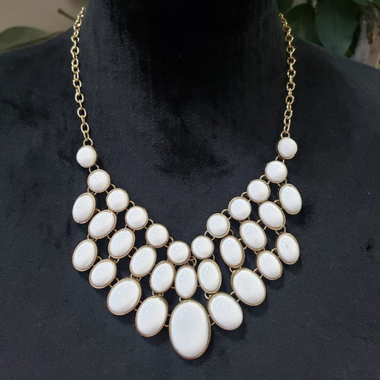 Women's White & Gold Chain Teardrop Beaded Stylish Statement Fashion Necklace