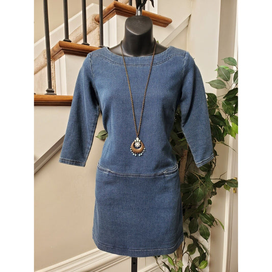 Loft Womens Blue Solid Cotton Round Neck 3/4 Sleeve Knee Length Dress Size XXSP