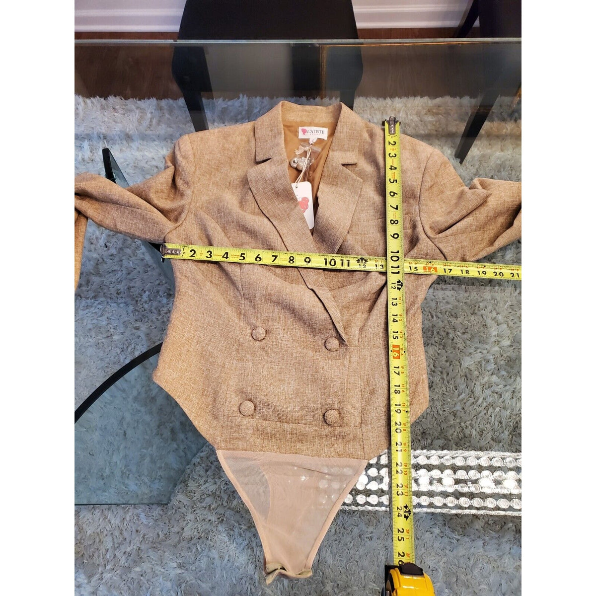 L' Atiste Beige Polyester Full Sleeve Notch Lapel Button Front Bodysuit Blazer M