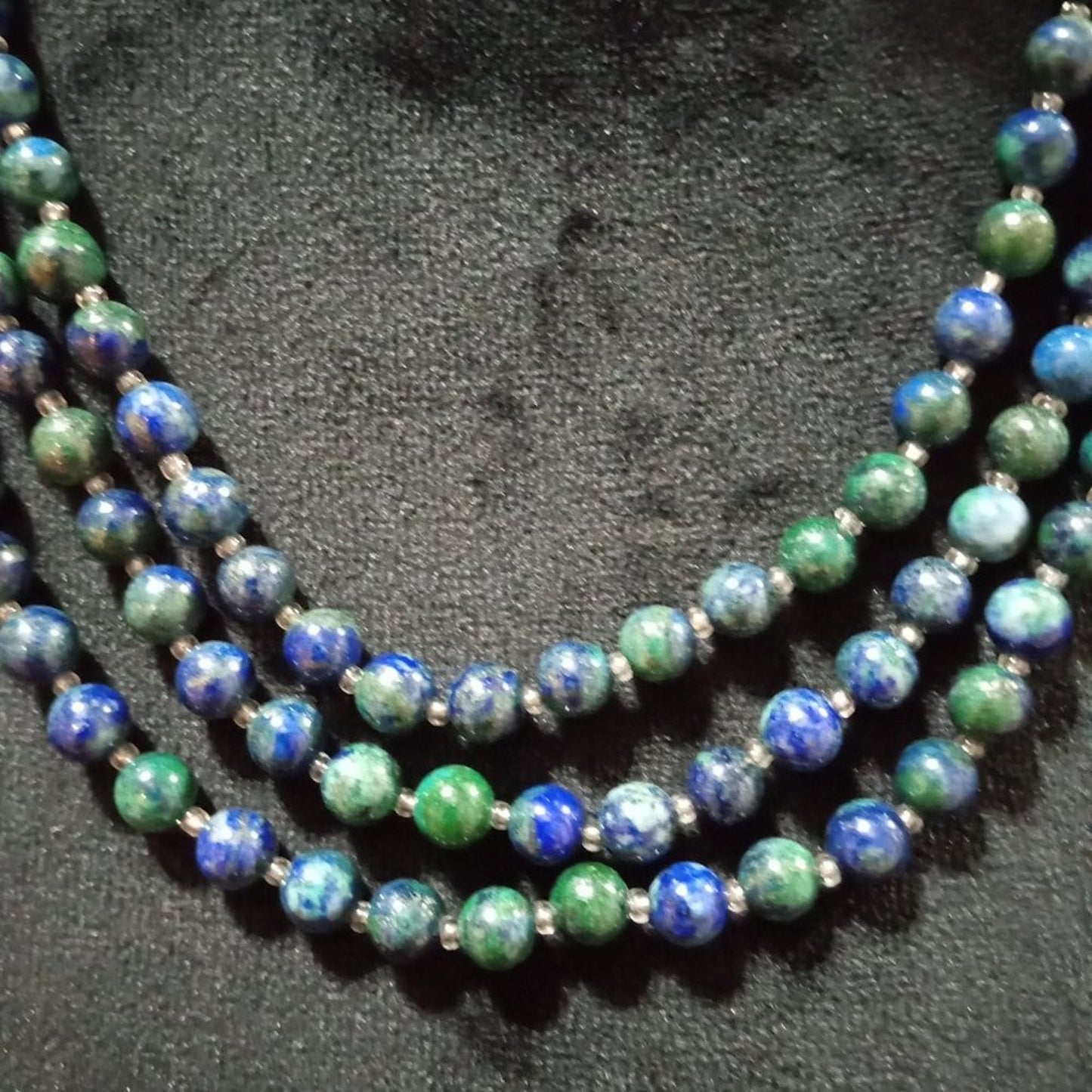 Womens Fashion Triple Strand Blue Green Beaded Collar Necklace w/ Lobster Clasp