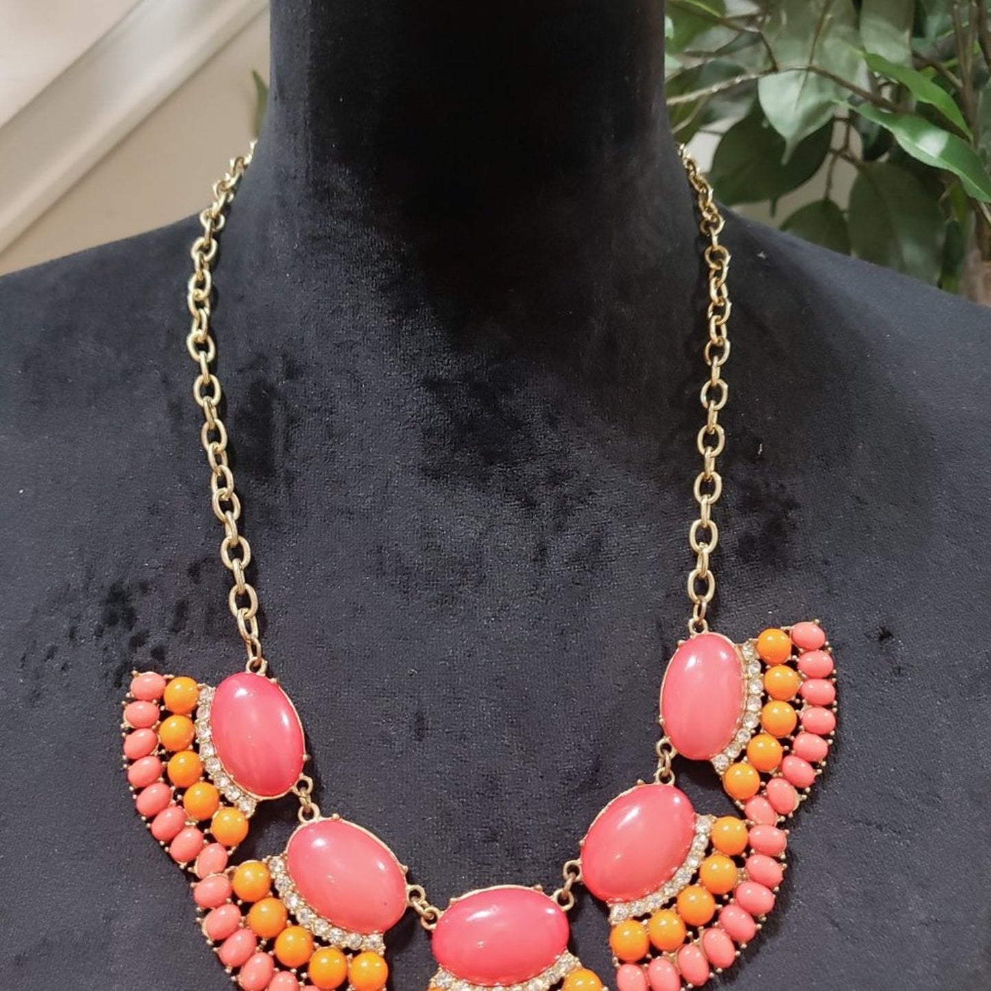 Women's Vintage Gold Tone, Pink Rhinestones & Orange Beaded Fashion Necklace
