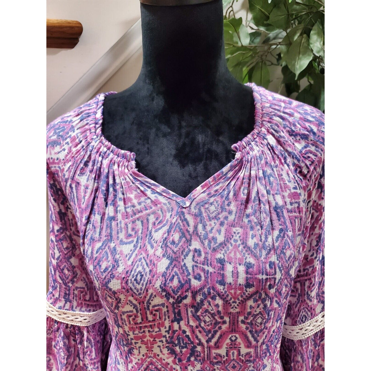 New Directions Women Purple Polyester V-Neck Long Sleeve Casual Top Blouse Large