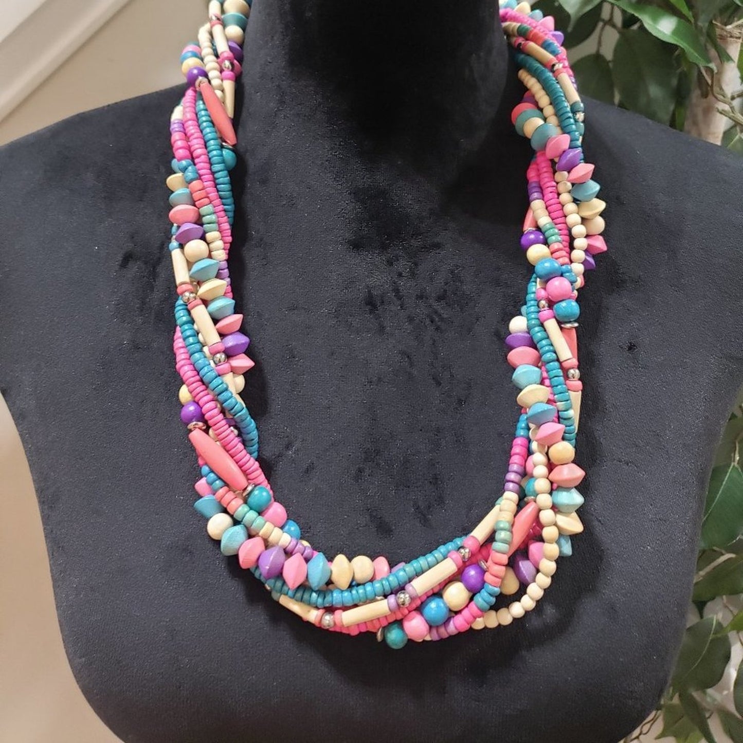 Women's Pink & Blue Round Twisted Beaded with Lobster Clasp Necklace
