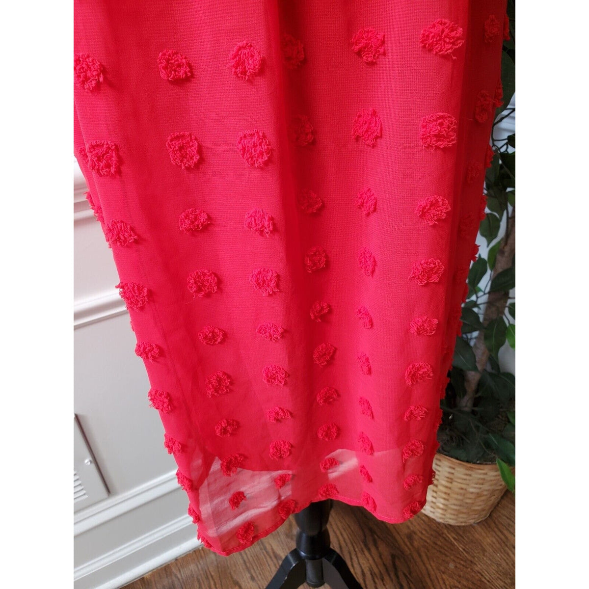 Miholl Red Pom Pom Babydoll Polyester V-Neck Short Sleeve Dress X-Large