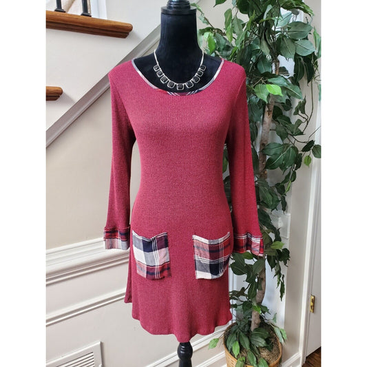 Staccato Women Maroon Polyester Round Neck Long Sleeve Knee Length Dress Small