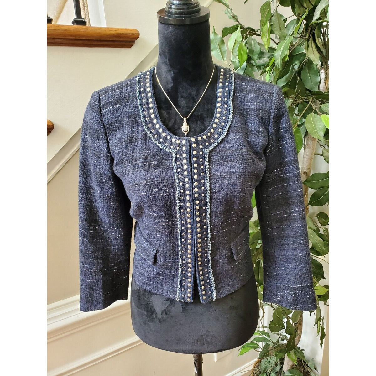 Ann Taylor Loft Women's Blue Cotton Long Sleeve Casual Crome Studded Blazer 4