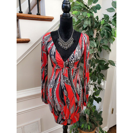 Women's Red Black Grey Long Sleeve V Neck Casual Knee Length Sheath Dress Size 0