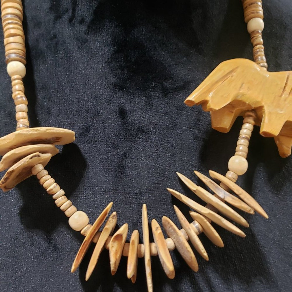Primitive Beaded Stones Carved Bohemian Wood Lion African Safari Animal Necklace