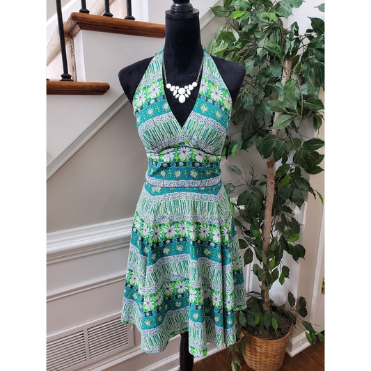 Women's Green Floral 100% Cotton Halter Neck Sleeveless Knee Length Dress Small