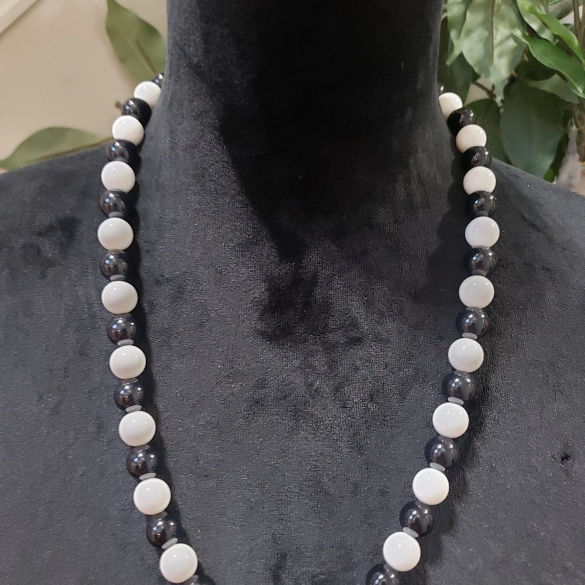 Women's White & Black Round Beaded Long Fashion Pendant Necklace