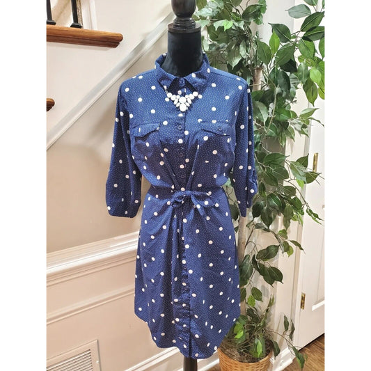 Millenium Women Blue & White Polyester Collared Long Sleeve Knee Length Dress XL
