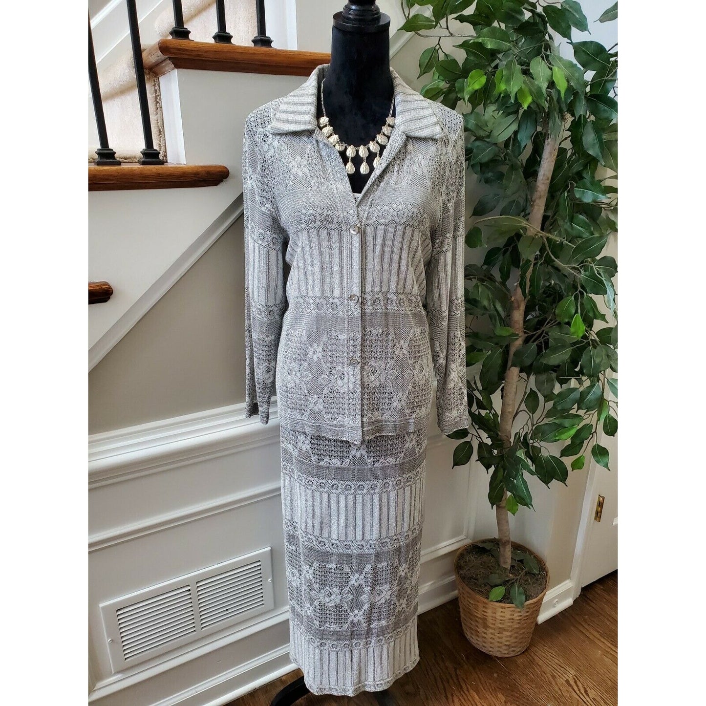 Vintage Veve Women's Gray 100% Acetate Jacket & Maxi Dress 2 Piece Suit Size 8