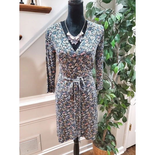Loft Women Multicolor Floral Rayon V-Neck Long Sleeve Knee Length Dress Size XS
