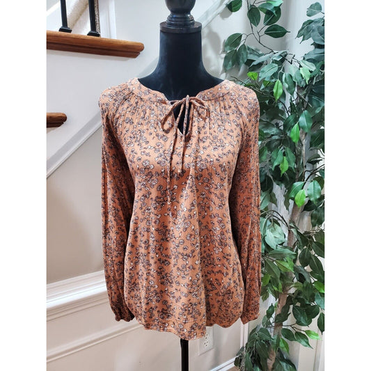 Final Touch Brown Peasant Floral Polyester Long Sleeve Tie-Up Top Blouse Size M