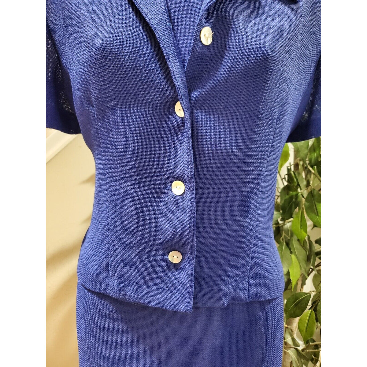Miss Dorby Women Blue Solid Short Sleeve Jacket & Knee Length Dress 2 Pcs Suit M