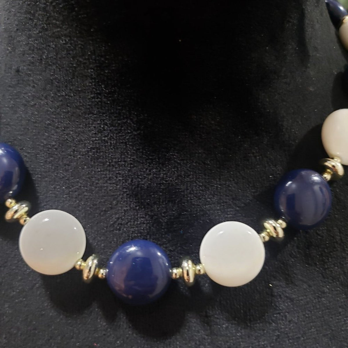 Women's Blue & White Round Shape Beaded Statement Lobster Clasp Necklace