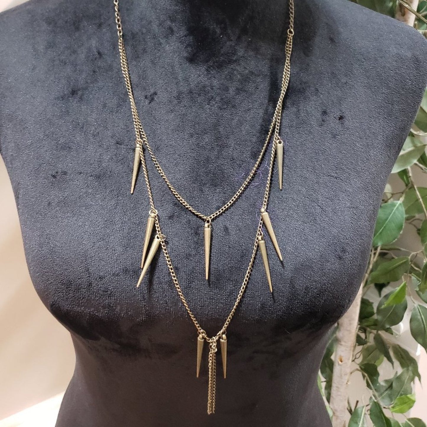 Womens  Fashion Double Strand Gold Tone Spike Charm Pendant Necklace