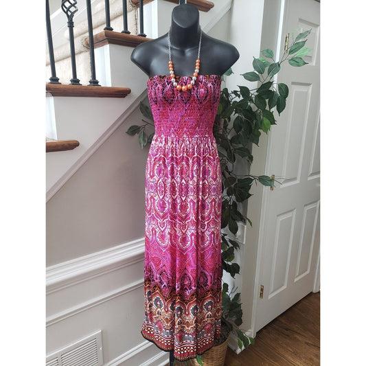 Mlle Gabrielle Pink & White Polyester Off The Shoulder Knee Length Dress Small