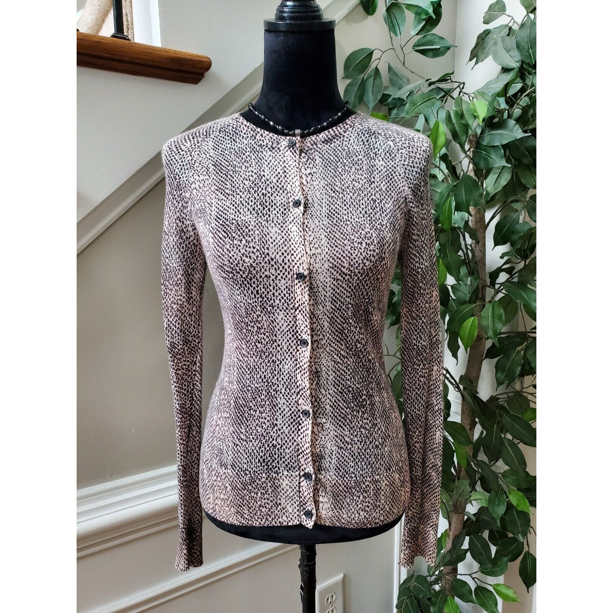 Loft Women Animal Print Beige & Black Ramie Long Sleeve Button Front Cardigan XS