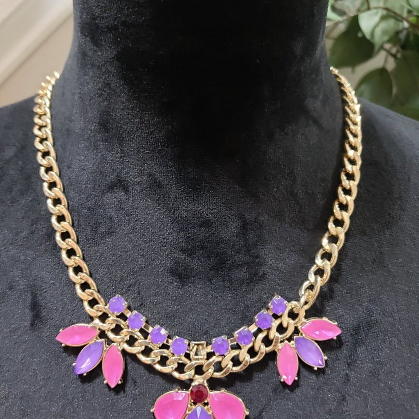 Womens Gold Tone Chain Red Purple and Pink Gemstone Teardrop Necklace w/ Lobster