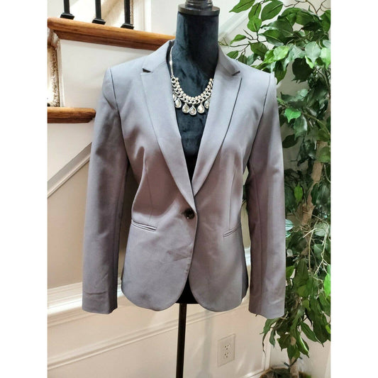 H&M Women's Solid Gray Cotton Long Sleeve Single Breasted Fitted Blazer Size 12