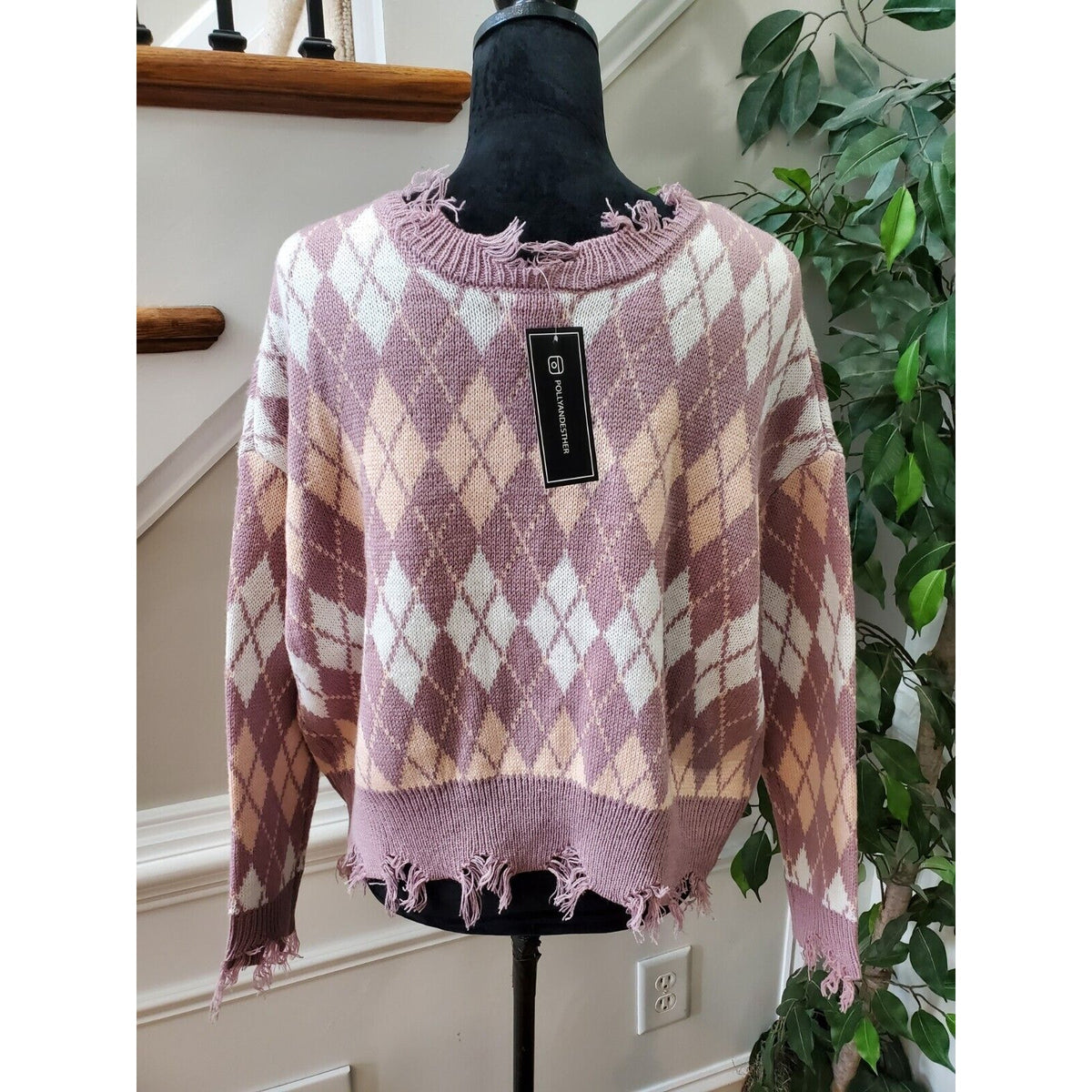 Just Polly Cropped Fringe Purple Long Sleeve V-Neck Pullover Knit Sweater Medium