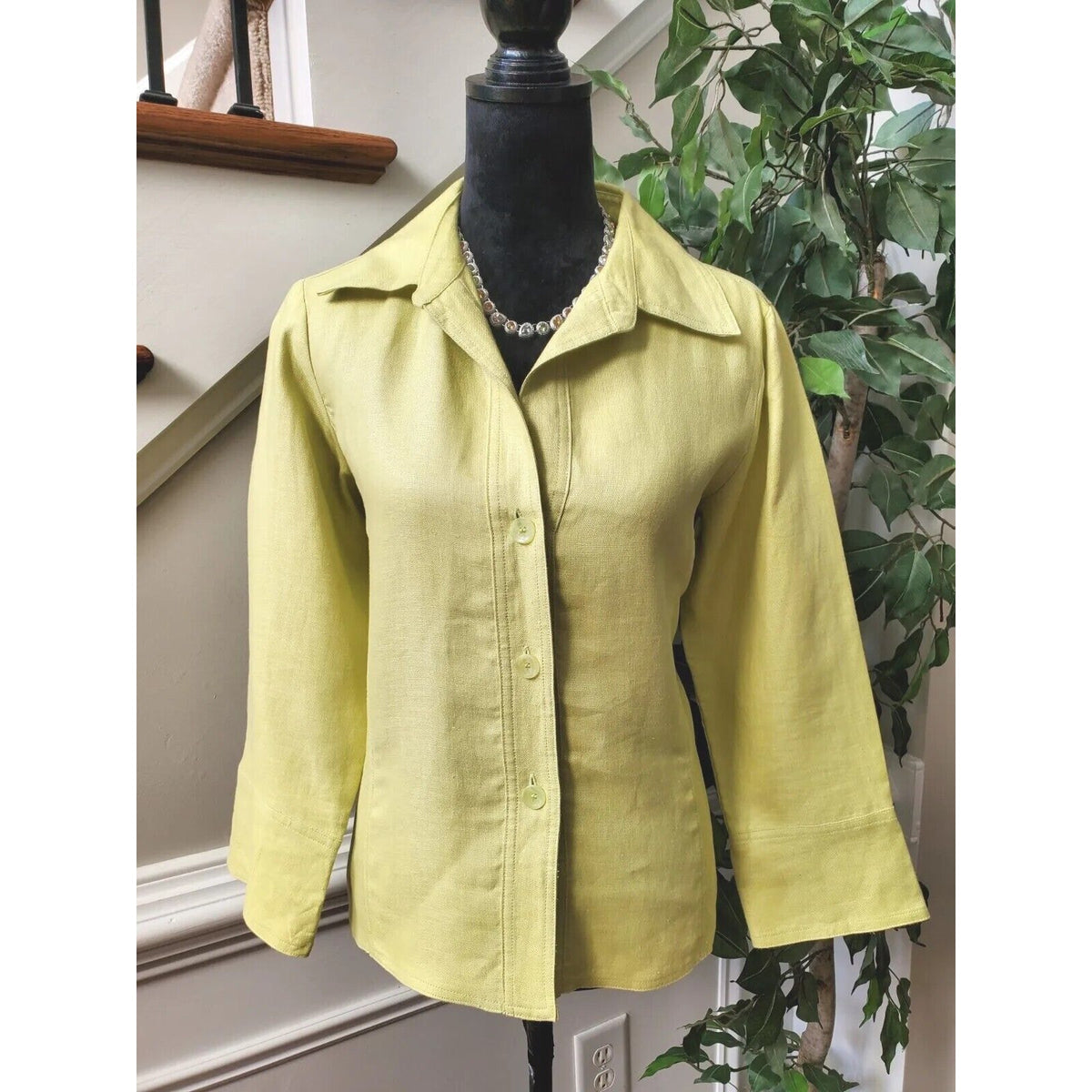Rafaella Women's Green 100% Linen Collared Long Sleeve Button Front Jacket 10