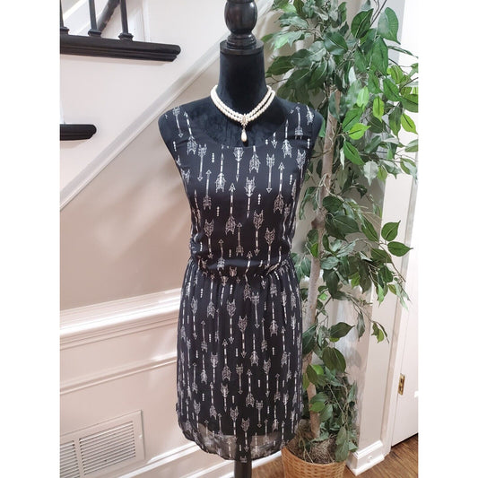 C Womens Black White Round Neck Sleeveless Pleated Knee Length Dress Size XL