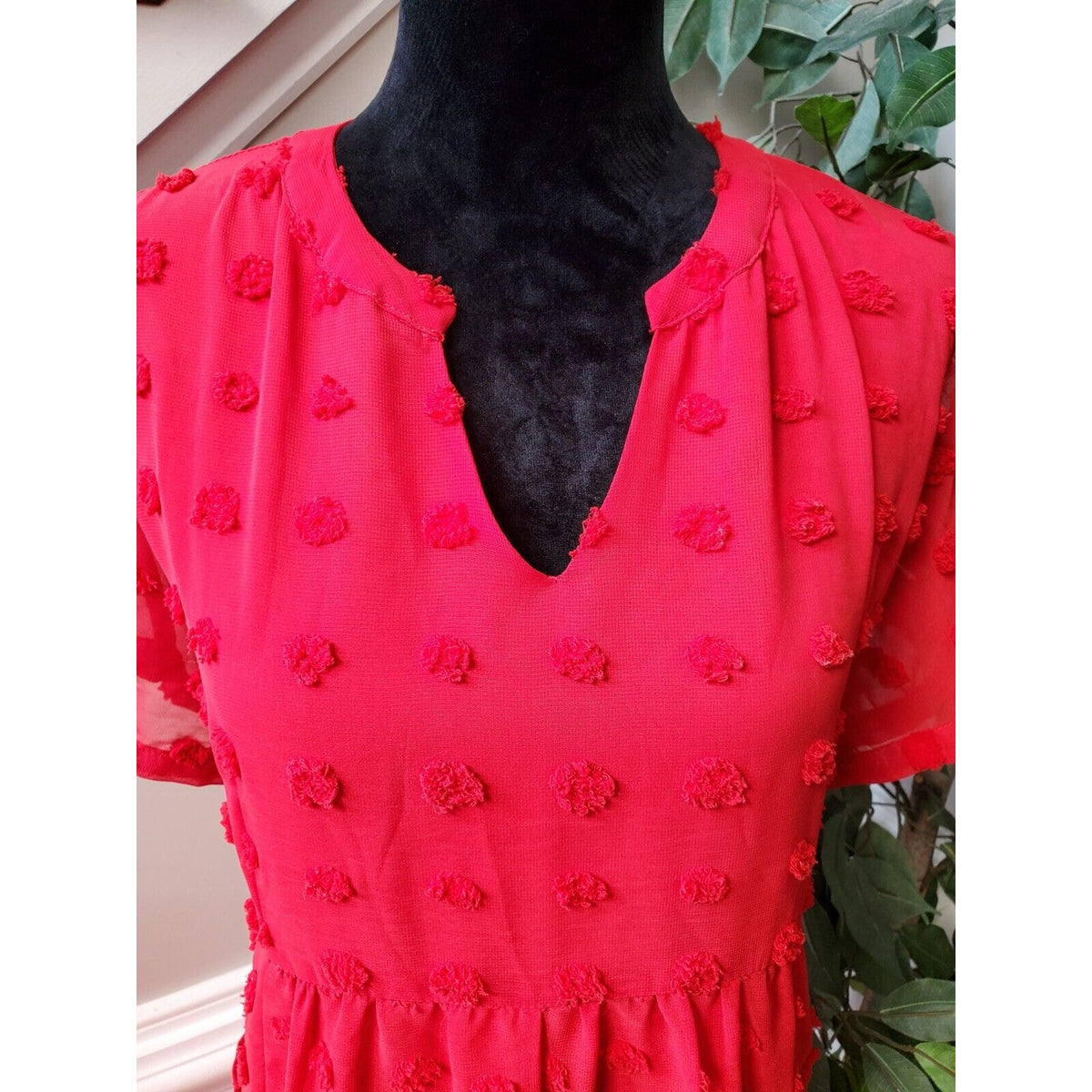 Miholl Red Pom Pom Babydoll Polyester V-Neck Short Sleeve Dress X-Large