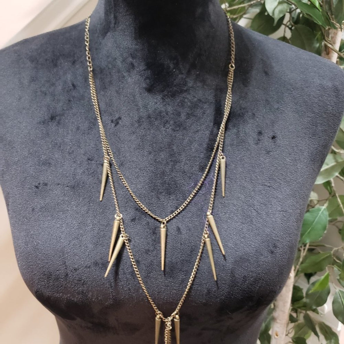 Womens  Fashion Double Strand Gold Tone Spike Charm Pendant Necklace