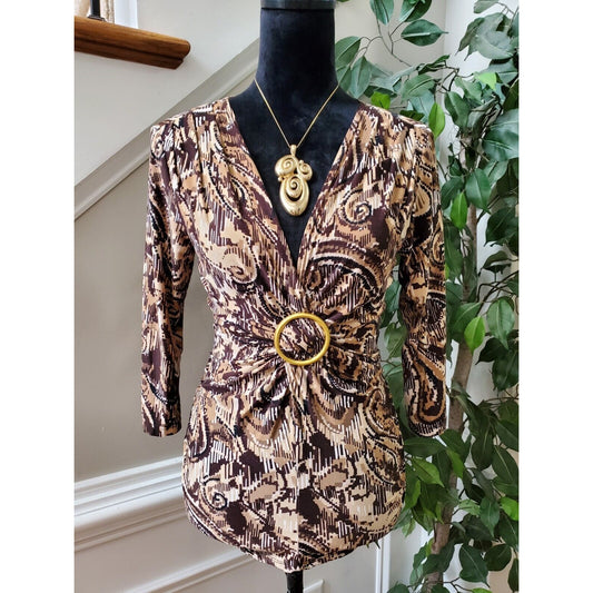 AGB Women's Brown Polyester V-Neck Long Sleeve Casual Top Blouse Size Small