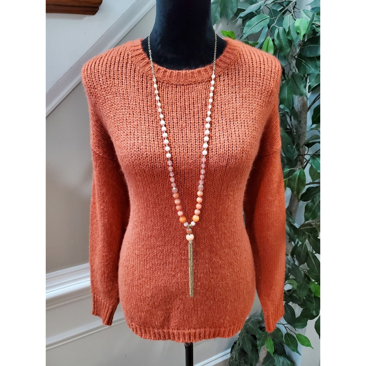 Cotton Emporium Women Orange Long Sleeve Round Neck Pullover Knit Sweater Small