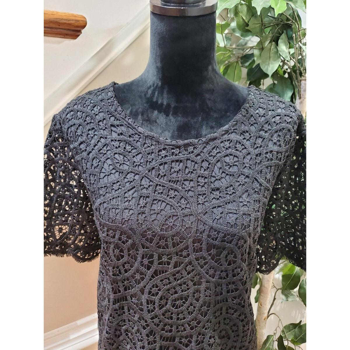 Philosophy Women's Black Lace Round Neck Short Sleeve Top Blouse Shirt Size XXL