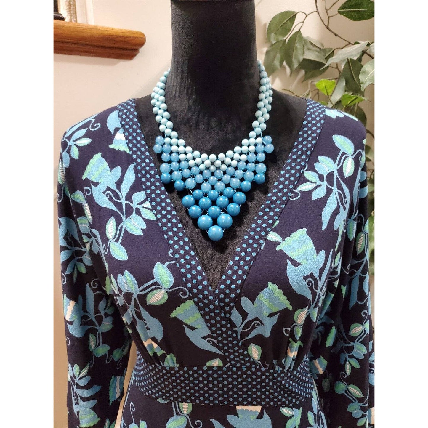 Blue Women's Floral Polyester V-Neck Casual Long Sleeves Knee Length Dress 8