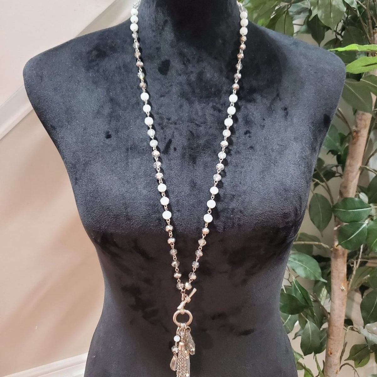 Women's Silver and White Beaded Long White Magnetic Breakaway Jewelry Necklace