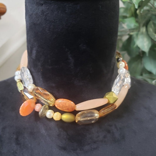 Women's Multicolor Gemstone Bead 2 Strand Statement Chunky Necklace