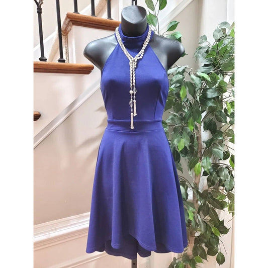 Mushare Women's Blue Rayon Halter Neck Sleeveless Knee Length Dress Size X-Small