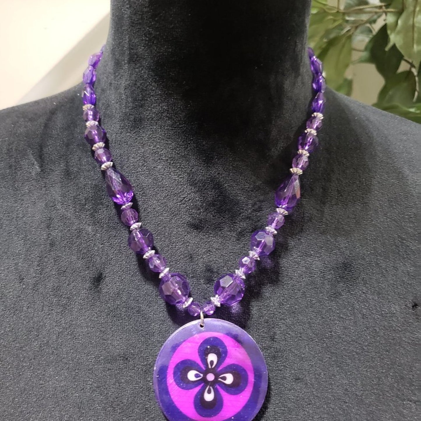 Handmade Purple Costume Gemstone, Beaded Pendant Collar Necklace