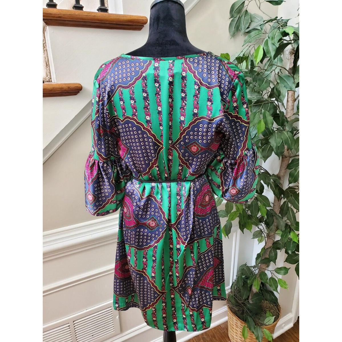 Single Dress Multicolor 100% Silk Long Sleeve Cord Waist Tie Knee Length Dress S