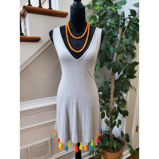 Women's Gray Multicolor Tassels Sleeveless V-Neck Knee Length Dress Size Small